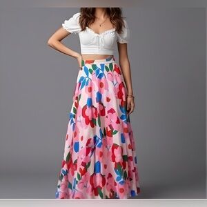 Boho A-Line Floral Maxi Skirt Pink